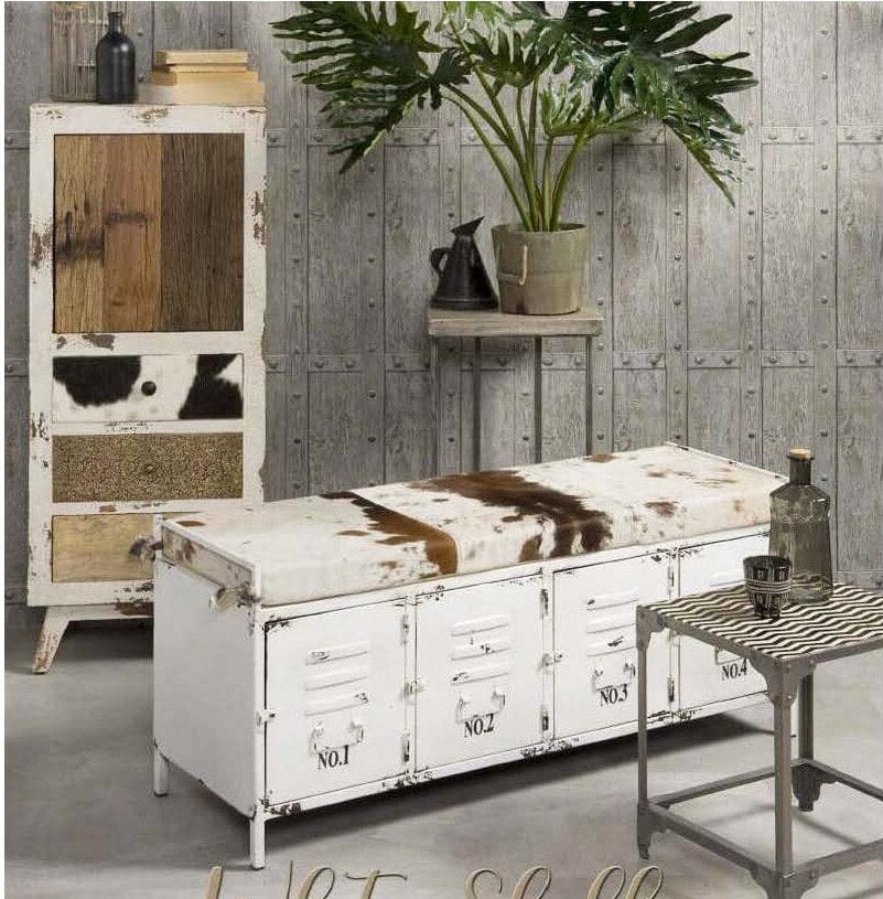 COWHIDE IRON LOCKER BENCH Furniture Philbee Interiors 