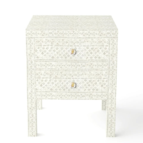 MOTHER OF PEARL NOIR BEDSIDE TABLE CREAM HUE SIDE TABLE Philbee Interiors 